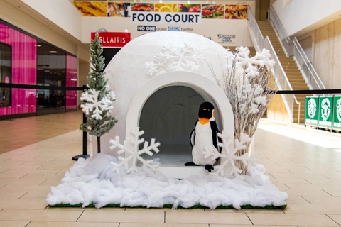 Bandhig ganacsi oo leh igloo oo ay ku wareegsan yihiin baraf faux ah iyo geedo cadcad. Penguin cufan ayaa taagan albaabka laga soo galo. Iftiin, jawi farxadeed.